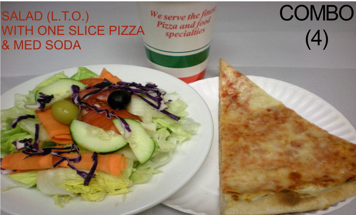Combo 4 garden salad with pizza slice and medium soda at Las Vegas Pizza