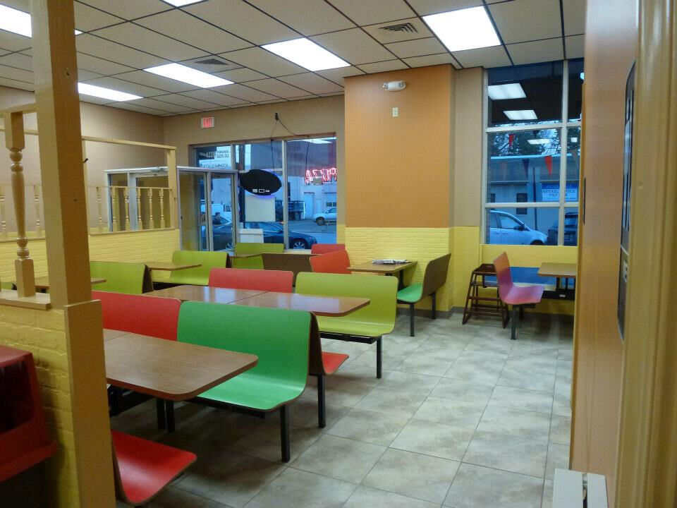 Colorful booth seating in the dining room at Las Vegas Pizza West Chester PA