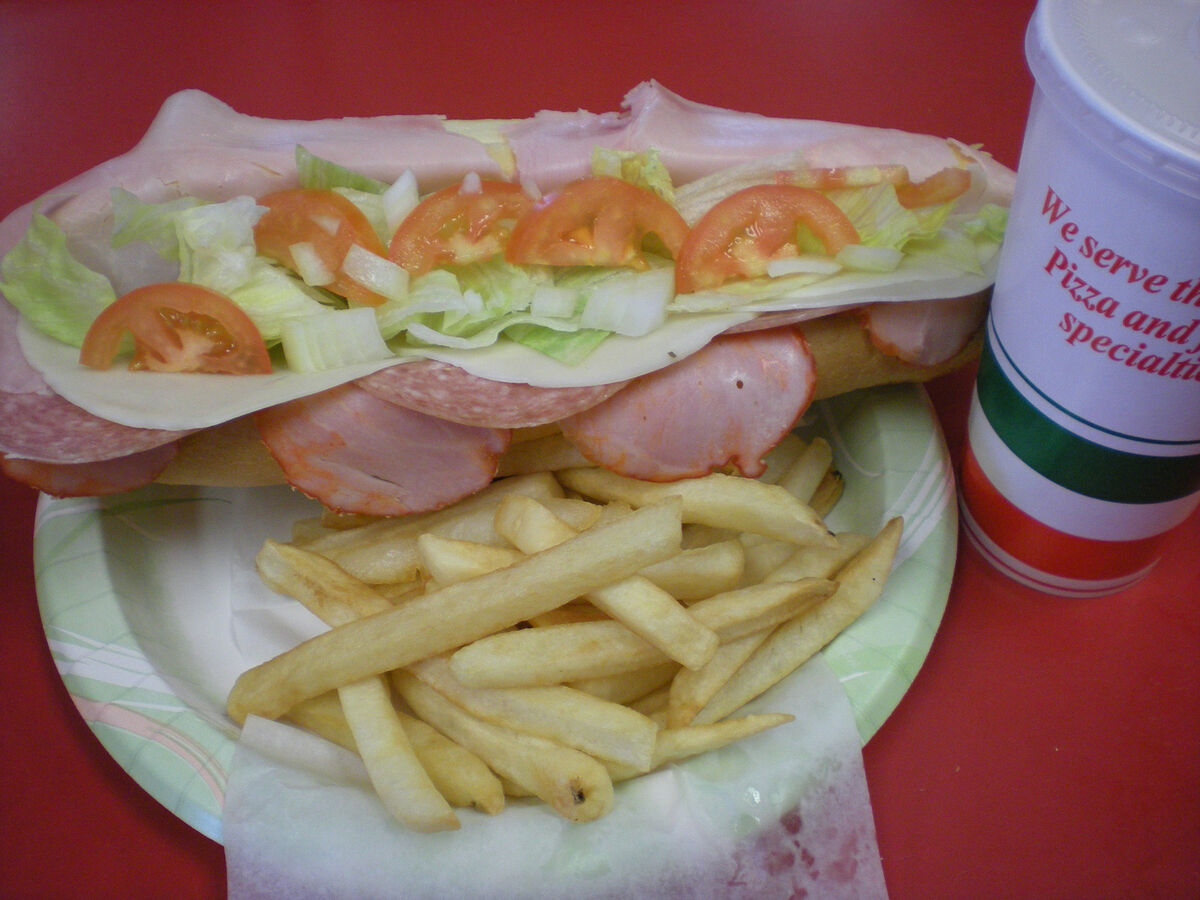Italian hoagie sub with crispy french fries at Schianos Las Vegas Pizza